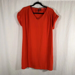 MNG Mini Dress Women's 8 Solid Orange Short Sleeve Vneck Pullover Pockets
